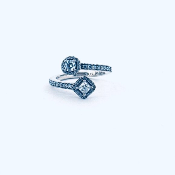 Estate Pandora Sterling Silver 925 Two Stone Halo Crossover Ring Size 4.5 Vintag - Picture 1 of 9